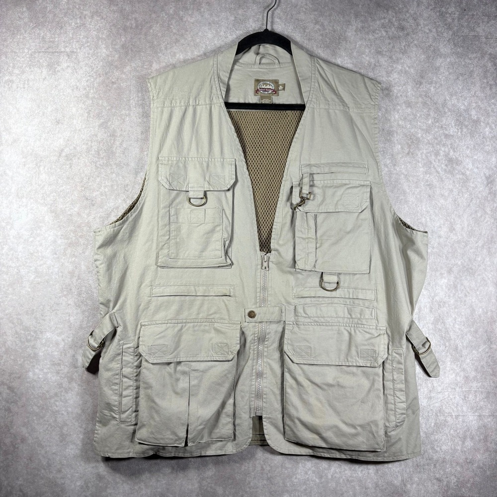 Cabela's Safari Vest Mens XL Tan Full Zip Pockets Mesh Lining Hunting Fishing